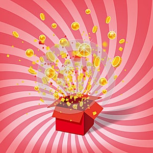 Box With Coins Exploision, Blast. Open Red Gift Box and Confetti. Win, casino, lottery, quiz. Spiral Stripes Background