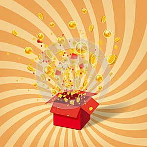 Box With Coins Exploision, Blast. Open Red Gift Box and Confetti. Win, casino, lottery, quiz. Spiral Stripes Background photo