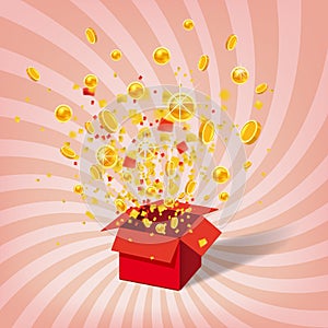 Box With Coins Exploision, Blast. Open Red Gift Box and Confetti. Win, casino, lottery, quiz. Spiral Stripes Background photo