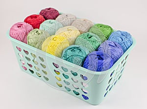 Box with colorful knitting yarn