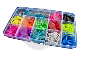 Box with colorful rubber bands for rainbow loom