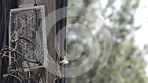 Box of cords broken of telephony in a wooden pole