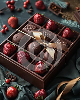 Box of delicious chocolates with strawberries