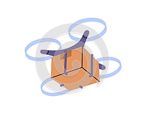 Box delivery by drone. Smart robot delivering package, cardboard parcel, cargo by air, UAV. Unmanned transportation
