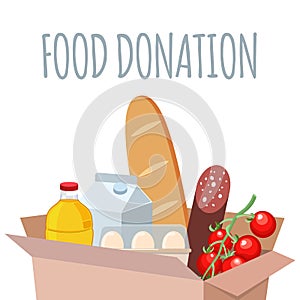 Box with different food and products for help. Support social care, volunteering and charity concept. Cartoon flat