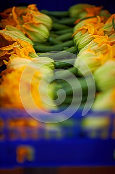 Box with different fresh vegetables, vegetables for sale