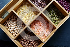 A box of different Indian legumes or pulses