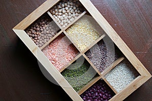 A box of different kinds of lentils