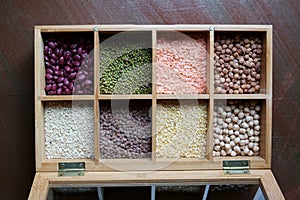 A box of different kinds of lentils