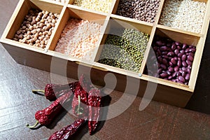 A box of different kinds of lentils