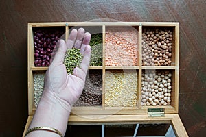 A box of different kinds of lentils