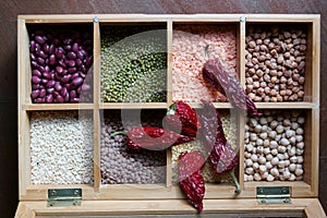 A box of different kinds of lentils