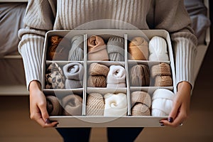 A box with dividers for categorized storage with beige-colored clothes in the woman hands