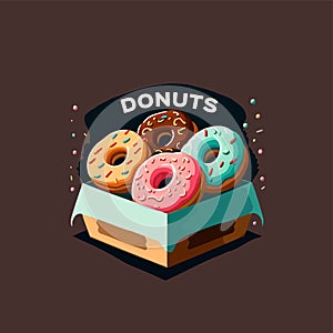 Box of donut bakery store logo cartoon doughnut icon or label and cafe menu