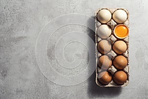 Box of eggs on gray concrete background