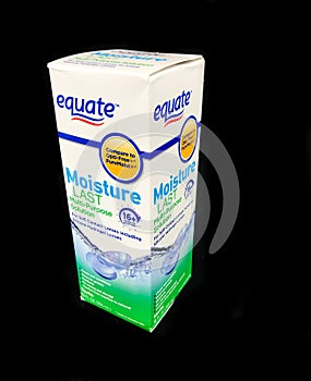 Box of Equate Contact Lens Solution on a black backdrop