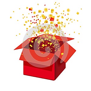 Box Exploision, Blast. Open Red Gift Box and Confetti. Enter to Win Prizes. Win, lottery, quiz. Vector Illustration photo