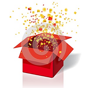 Box Exploision, Blast. Open Red Gift Box and Confetti. Enter to Win Prizes. Win, lottery, quiz. Vector Illustration photo