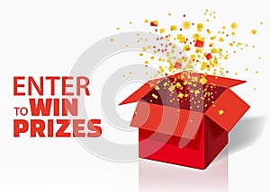 Box Exploision, Blast. Open Red Gift Box and Confetti. Enter to Win Prizes. Win, lottery, quiz. Vector Illustration