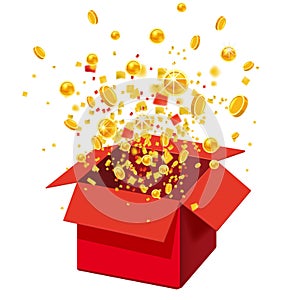 Box With Coins Exploision, Blast. Open Red Gift Box and Confetti. Win, lottery, quiz. Vector Illustration. Isolated photo
