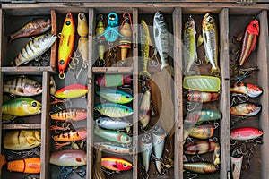 A box filled with an extensive variety of fishing lures, perfect for any anglers tackle box, A fisherman\'s tac