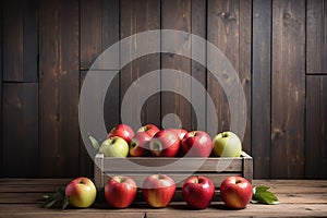 Apples in a box on a wooden shelf. A framework on a wooden background