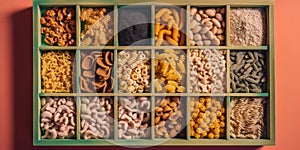 A box filled with lots of different types of pasta. AI generative image.