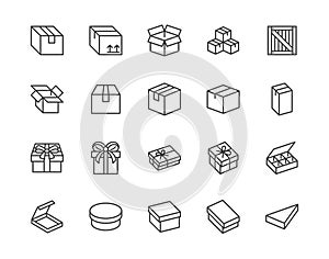 Box flat line icon set. Carton, wood boxes, product package, gift vector illustrations. Simple outline signs for