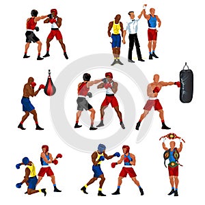 Box flat set consist of sparring referee announces victory boxer punching bag knockdown and professional sportsman with