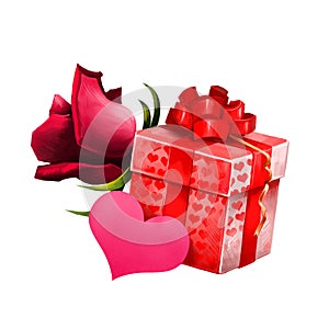 Box with flower and gift card. Red present gift in hearts with big bow and luxury rose nearby. Saint Valentine`s day greeting car