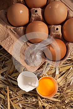 Box of fresh farm eggs with an egg yolk