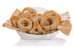 Box of fried onion rings isolated on white