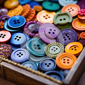 A box full of colorful buttons in a wooden tray, AI