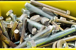 Box full of old bolts, different condition and size