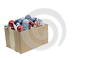 Box Full of Old Christmas Ornaments Isolated On White With Copy Space