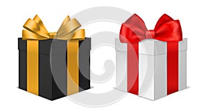 Box gift with bow. Black and white 3d luxury presents with red and gold bows. Holiday and birthday surprises. Closed