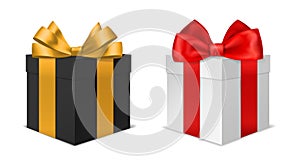 Box gift with bow. Black and white 3d luxury presents with red and gold bows. Holiday and birthday surprises. Closed photo