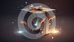 Box gift tied with tape with galaxy inside among stars created with generative AI technology