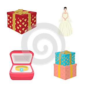 A box with a gift for a wedding, a bride in a veil and a dress, a ring in a diamond engagement ring with a diamond