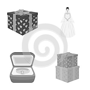 A box with a gift for a wedding, a bride in a veil and a dress, a ring in a diamond engagement ring with a diamond