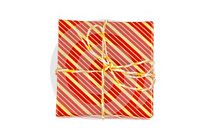 Box with gifts in festive packaging on a white background, top view