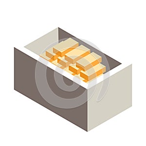 Box with gold bars. Vector isometric illustration, isolated on white background.