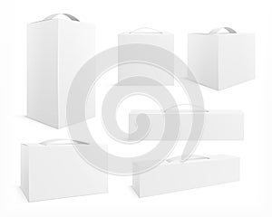 Box with handle. Cardboard package, realistic pack. Medicine container mockup. Restaurant food blank bags. Paper boxes