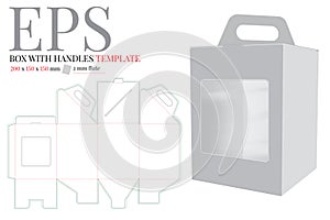 Box with handle with window template, vector with die cut