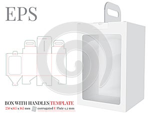 Box with Handle with Window Template, Vector with die cut / laser cut layers.  Holder Illustration. White, clear, blank, isolated