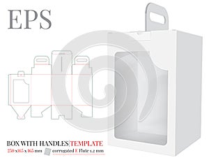 Box with Handle with Window Template, Vector with die cut / laser cut layers.  Holder Illustration. White, clear, blank, isolated