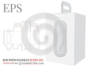 Box with Handle with Window Template, Vector with die cut / laser cut layers. White, clear, blank, isolated Box with handle mockup