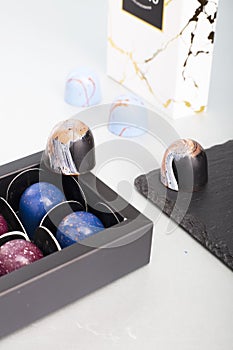 Box of handmade chocolates. Product concept for chocolatier