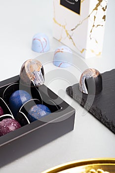 Box of handmade chocolates. Product concept for chocolatier