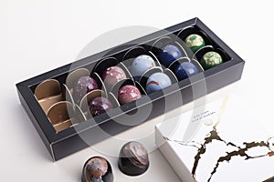 Box of handmade chocolates. Product concept for chocolatier